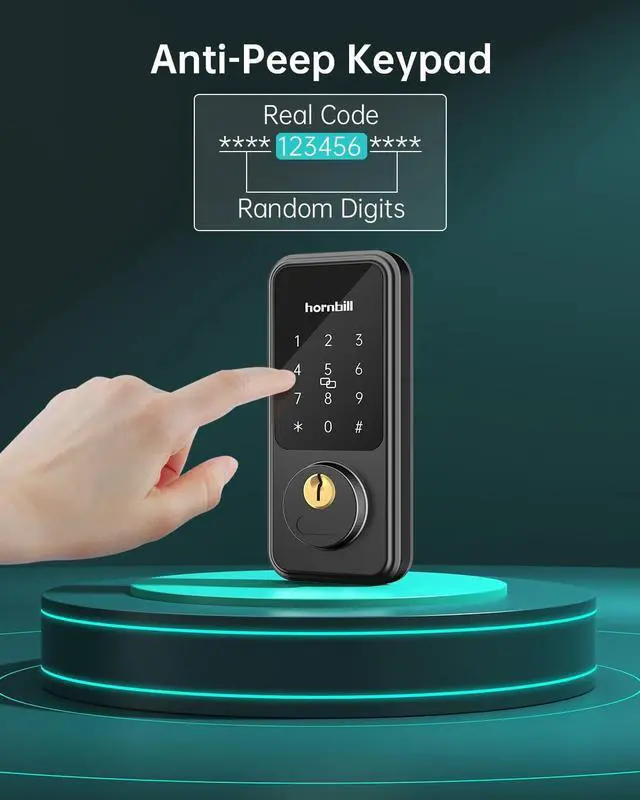 Alt view image 7 of 7 - Entry Door Lock with Handle, Hornbill Smart Front Door Lock Set, Electronic Keypad Deadbolt Lock, Alexa Front Door Handle Set, Digital Lock via Bluetooth APP/Keyfob/Auto Lock-Matte Black