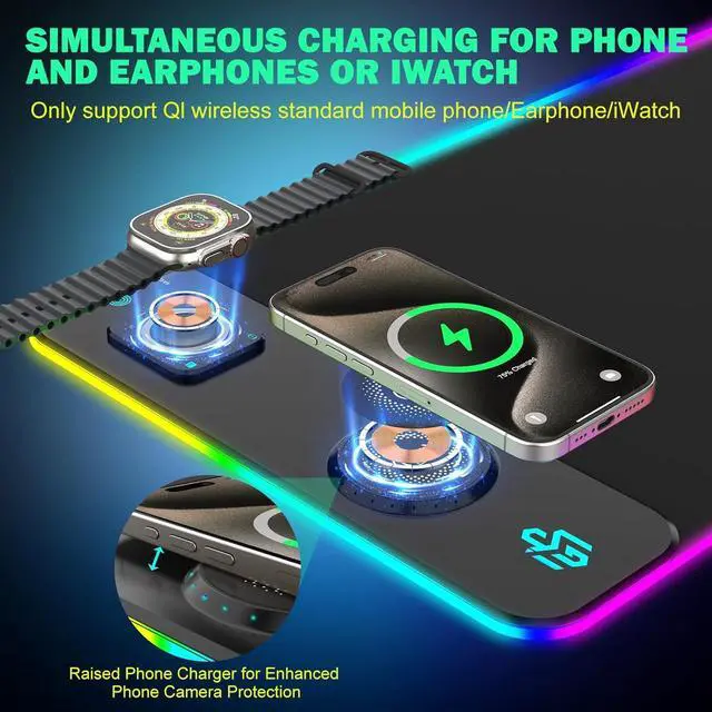 Alt view image 2 of 7 - RGB Gaming Mouse Pad with Simultaneous Charging for Phone & iWatch, LED Mouse Mat 800x300x4MM, 14 Light Modes, Non-Slip Rubber Base, Computer Keyboard Mat for Gaming, 20W PD Adapter Included