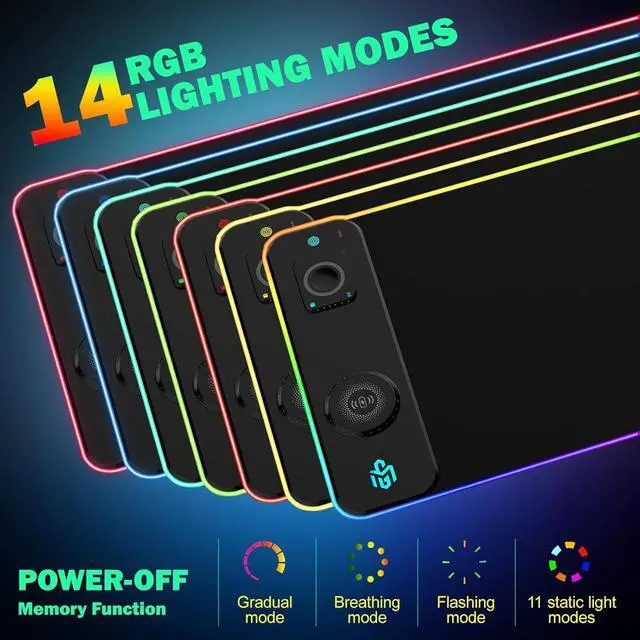 Alt view image 3 of 7 - RGB Gaming Mouse Pad with Simultaneous Charging for Phone & iWatch, LED Mouse Mat 800x300x4MM, 14 Light Modes, Non-Slip Rubber Base, Computer Keyboard Mat for Gaming, 20W PD Adapter Included