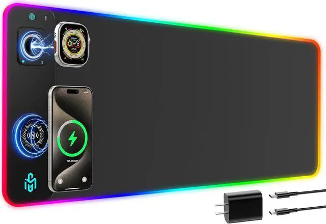 Main image of RGB Gaming Mouse Pad with Simultaneous Charging for Phone & iWatch, LED Mouse Mat 800x300x4MM, 14 Light Modes, Non-Slip Rubber Base, Computer Keyboard Mat for Gaming, 20W PD Adapter Included