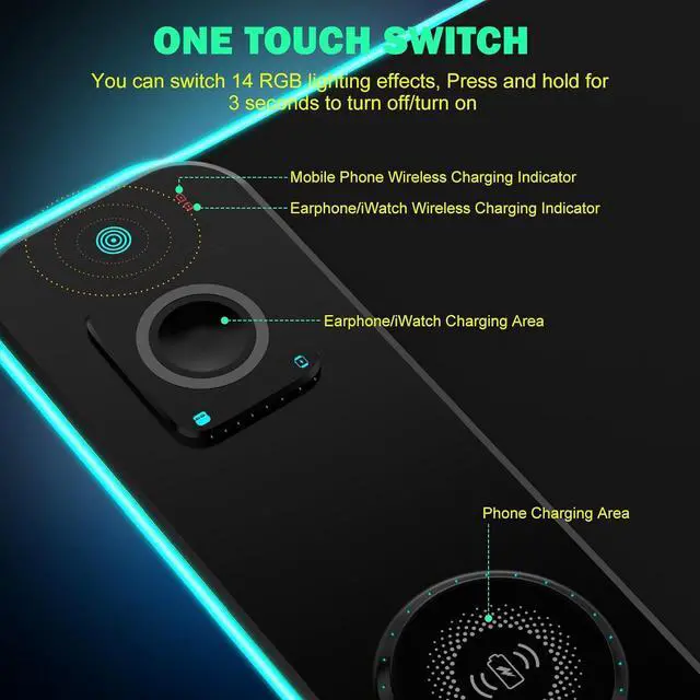 Alt view image 5 of 7 - RGB Gaming Mouse Pad with Simultaneous Charging for Phone & iWatch, LED Mouse Mat 800x300x4MM, 14 Light Modes, Non-Slip Rubber Base, Computer Keyboard Mat for Gaming, 20W PD Adapter Included