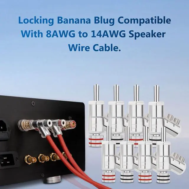 Alt view image 3 of 7 - Locking Banana Plugs 8Pcs 45 Degree Banana Connectors Double Screw Speaker Banana Plug for 8-15 Guage Speaker Wire,Audio/Video Receiver,Sound Systems with L-Form Hex Wrench(Rhodium Plated)