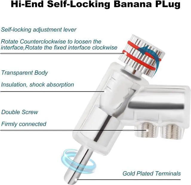 Alt view image 5 of 7 - Locking Banana Plugs 8Pcs 45 Degree Banana Connectors Double Screw Speaker Banana Plug for 8-15 Guage Speaker Wire,Audio/Video Receiver,Sound Systems with L-Form Hex Wrench(Rhodium Plated)