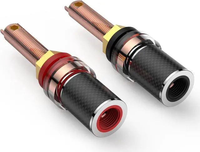 Alt view image 4 of 6 - BP614 4X Hi-end Speaker Binding Post Pure Copper Hifi Speaker Banana Socket Terminals Screw Lock Audiophile Banana Plug Jack Connectors, Carbon Fiber Body, Color Coded, for Thick Baffle Speaker