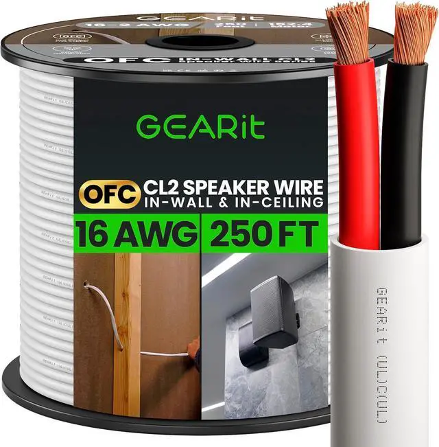 Main image of 16/2 Speaker Wire (250 Feet) 16AWG Gauge - in Wall Audio Speaker Wire Cable / CL2 Rated / 2 Conductors - OFC Oxygen-Free Copper, White 250ft