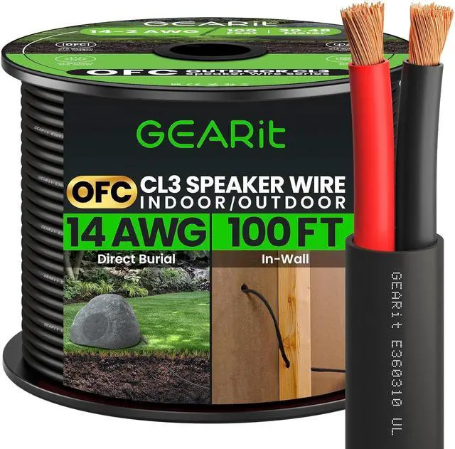 Main image of 14/2 Speaker Wire (100 Feet) 14AWG Gauge - Outdoor Direct Burial in Ground/in Wall / CL3 CL2 Rated / 2 Conductors - OFC Oxygen-Free Copper, Black 100ft