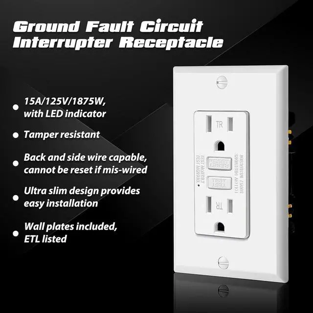 Alt view image 2 of 7 - ELECTECK 10 Pack GFCI Outlets 15 Amp, Tamper Resistant (TR), Ultra Slim GFI Receptacles with LED Indicator, Ground Fault Circuit Interrupter, Decor Wallplate Included, ETL Listed, White