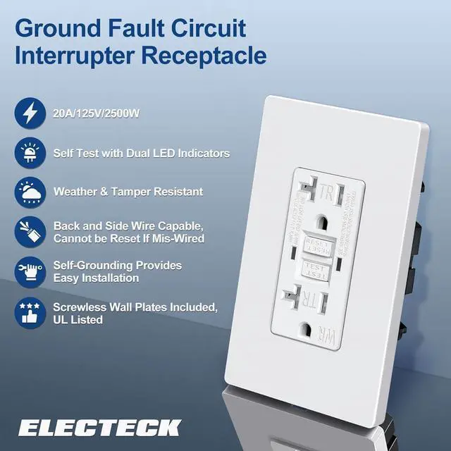Alt view image 2 of 7 - ELECTECK GFCI Outlets 20 Amp, Outdoor Weather Proof (WR), Self-Test GFI Receptacles with LED Indicator, Ground Fault Circuit Interrupter, Screwless Wallplate Included, UL Listed, White