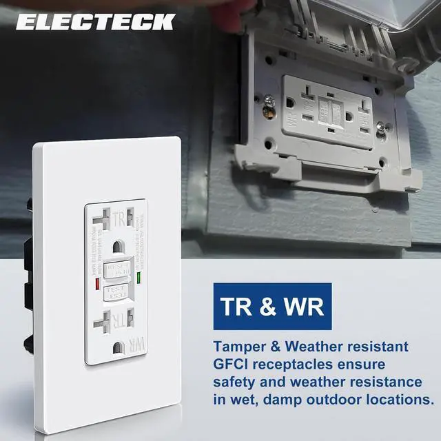 Alt view image 5 of 7 - ELECTECK GFCI Outlets 20 Amp, Outdoor Weather Proof (WR), Self-Test GFI Receptacles with LED Indicator, Ground Fault Circuit Interrupter, Screwless Wallplate Included, UL Listed, White