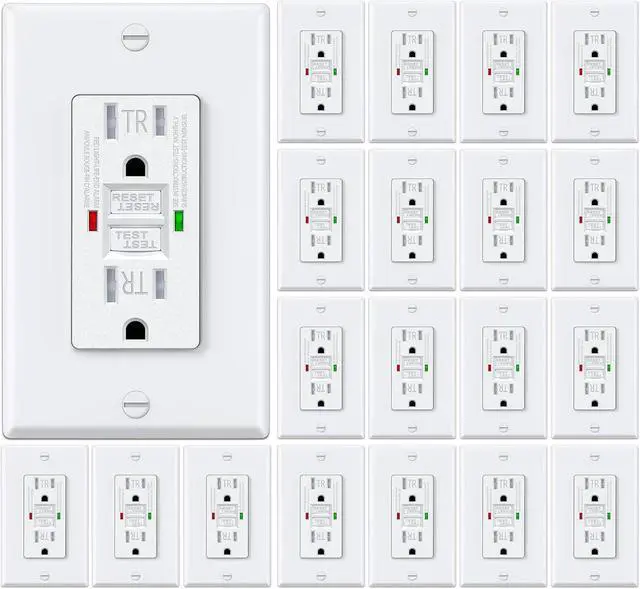 Main image of 20 Pack GFCI Outlets 15 Amp, Tamper Resistant (TR), Self-Test GFI Receptacles with LED Indicator, Ground Fault Circuit Interrupter, Decor Wallplate Included, UL Listed, White