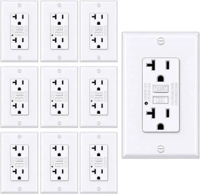 Main image of 20 Amp GFCI Outlet, GFI Outlet with LED Indicator, Ground Fault Circuit Interrupter, Non-Tamper-Resistant, Wallplate Included, ETL Certified, 10 Pack, White