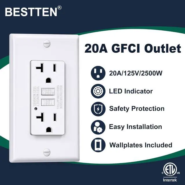 Alt view image 2 of 7 - 20 Amp GFCI Outlet, GFI Outlet with LED Indicator, Ground Fault Circuit Interrupter, Non-Tamper-Resistant, Wallplate Included, ETL Certified, 10 Pack, White