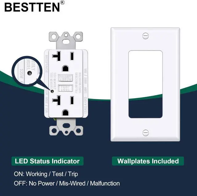 Alt view image 4 of 7 - 20 Amp GFCI Outlet, GFI Outlet with LED Indicator, Ground Fault Circuit Interrupter, Non-Tamper-Resistant, Wallplate Included, ETL Certified, 10 Pack, White