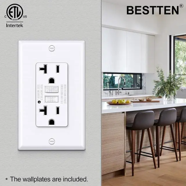 Alt view image 5 of 7 - 20 Amp GFCI Outlet, GFI Outlet with LED Indicator, Ground Fault Circuit Interrupter, Non-Tamper-Resistant, Wallplate Included, ETL Certified, 10 Pack, White