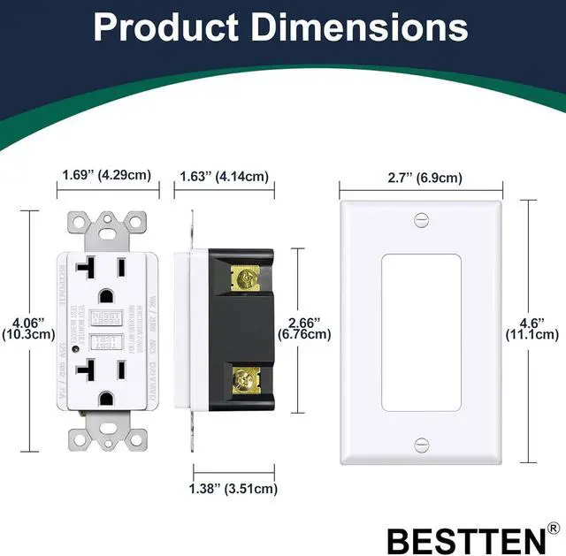 Alt view image 7 of 7 - 20 Amp GFCI Outlet, GFI Outlet with LED Indicator, Ground Fault Circuit Interrupter, Non-Tamper-Resistant, Wallplate Included, ETL Certified, 10 Pack, White