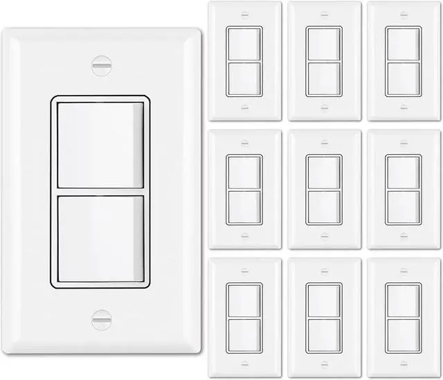 Main image of 10 Pack Double Light Switch, Single Pole, Combination Decorator On/Off Interrupters, 15A 120V, Dual Paddle Rockers, Wallplate Included, UL Listed, White