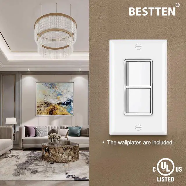 Alt view image 2 of 5 - 10 Pack Double Light Switch, Single Pole, Combination Decorator On/Off Interrupters, 15A 120V, Dual Paddle Rockers, Wallplate Included, UL Listed, White