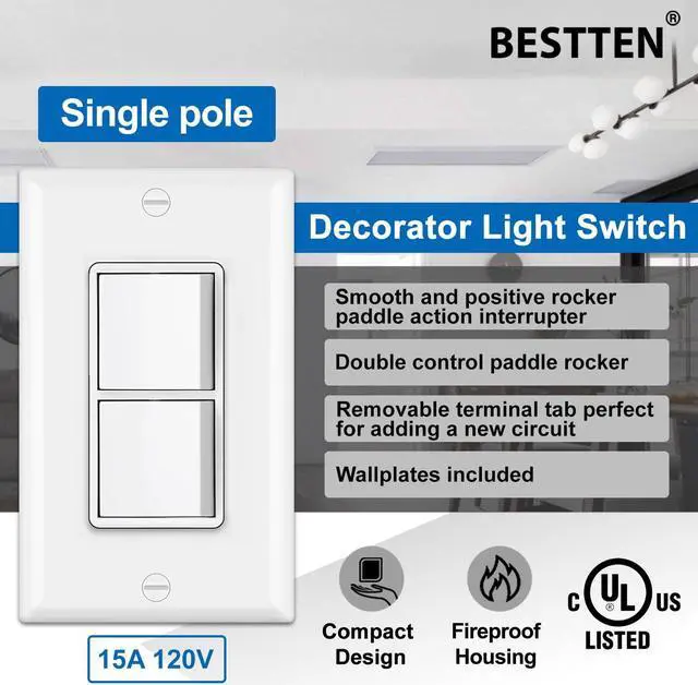 Alt view image 3 of 5 - 10 Pack Double Light Switch, Single Pole, Combination Decorator On/Off Interrupters, 15A 120V, Dual Paddle Rockers, Wallplate Included, UL Listed, White
