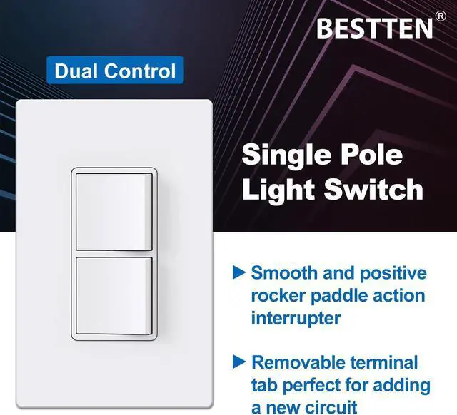 Alt view image 2 of 6 - 10 Pack Double Light Switch, On/Off Rocker Dual Wall switch, 15A 120V, Single Pole Combination Interrupter, Screwless Wallplate Included, UL Listed, White