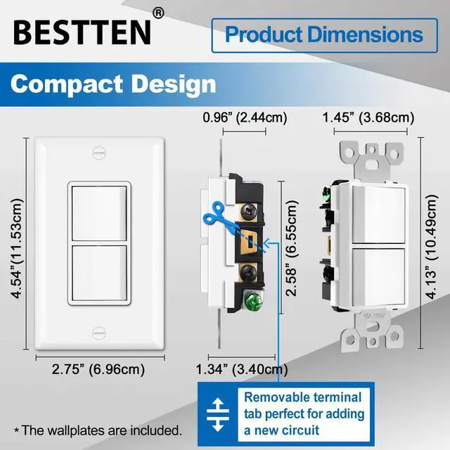 Alt view image 4 of 5 - 10 Pack Double Light Switch, Single Pole, Combination Decorator On/Off Interrupters, 15A 120V, Dual Paddle Rockers, Wallplate Included, UL Listed, White