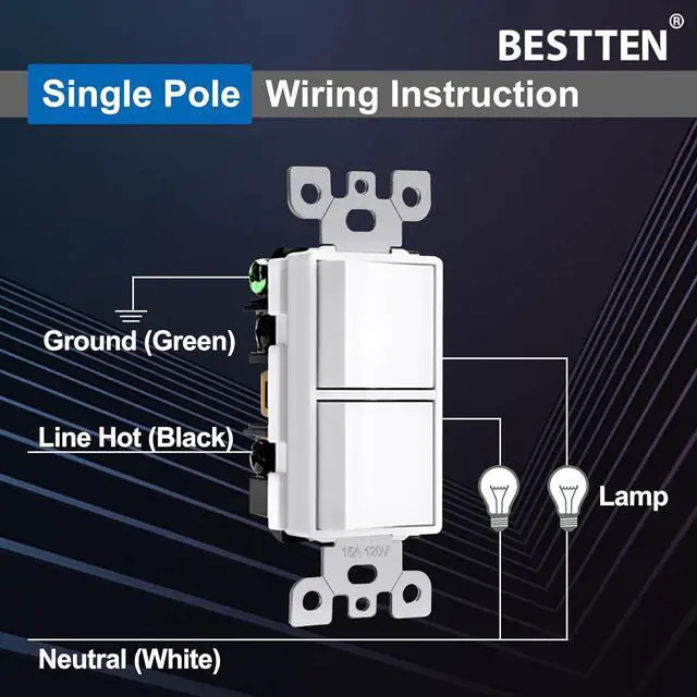 Alt view image 4 of 6 - 10 Pack Double Light Switch, On/Off Rocker Dual Wall switch, 15A 120V, Single Pole Combination Interrupter, Screwless Wallplate Included, UL Listed, White