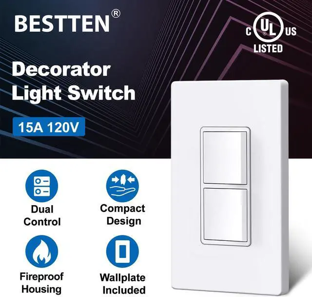 Alt view image 3 of 6 - 10 Pack Double Light Switch, On/Off Rocker Dual Wall switch, 15A 120V, Single Pole Combination Interrupter, Screwless Wallplate Included, UL Listed, White