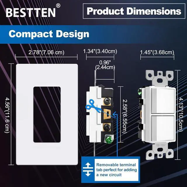 Alt view image 5 of 6 - 10 Pack Double Light Switch, On/Off Rocker Dual Wall switch, 15A 120V, Single Pole Combination Interrupter, Screwless Wallplate Included, UL Listed, White