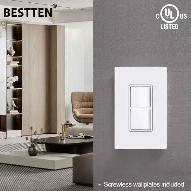 Alt view image 6 of 6 - 10 Pack Double Light Switch, On/Off Rocker Dual Wall switch, 15A 120V, Single Pole Combination Interrupter, Screwless Wallplate Included, UL Listed, White