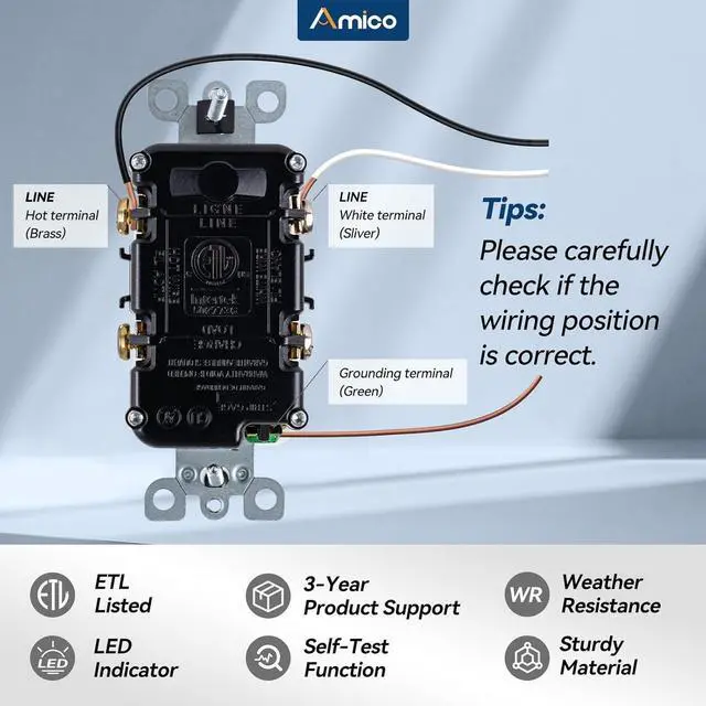 Alt view image 7 of 7 - Amico 12 Pack GFCI Outlet 20 Amp, with Wall Plate and Thinner Construction, LED Power Safety Indicator, Self-Testing, Weather Resistant (WR) Receptacles for Outdoor or Indoor Use, ETL Listed, White