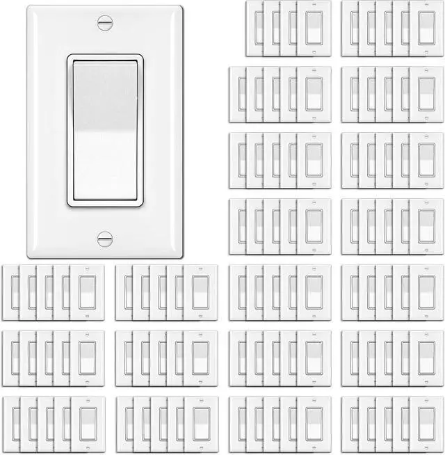 Main image of 100 Pack Single Pole Decorator Wall Light Switch with Wall Plate, 15A 120/277V, On/Off Rocker Paddle Interrupter for LED and Other Lamps, UL Listed, White