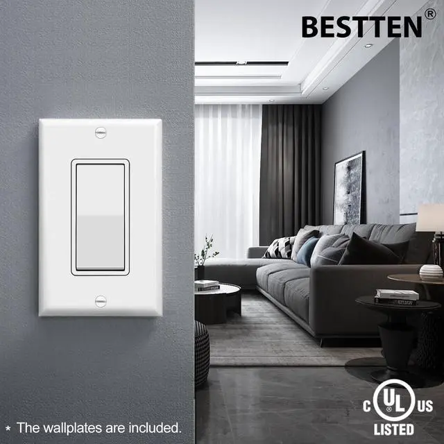 Alt view image 2 of 7 - 100 Pack Single Pole Decorator Wall Light Switch with Wall Plate, 15A 120/277V, On/Off Rocker Paddle Interrupter for LED and Other Lamps, UL Listed, White