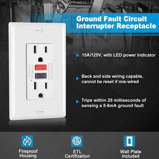 Alt view image 2 of 6 - (10 Pack) UNIELE Non-Tamper Resistant GFCI Receptacle Outlet, 15 Amp Ground Fault Circuit Interrupter, GFI Outlets with LED Indicator, Wallplate Included, ETL Listed