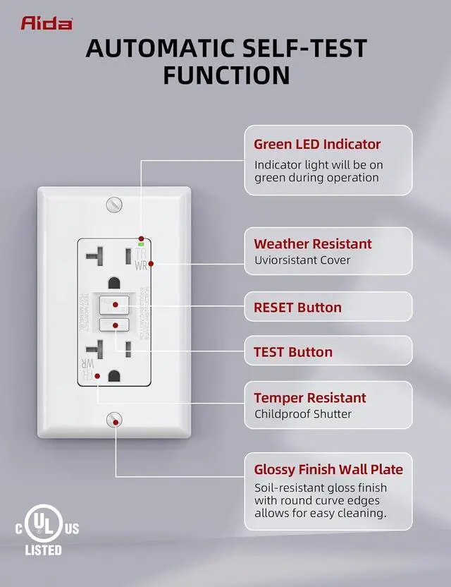 Alt view image 5 of 7 - AIDA GFCI Outlets 20 Amp, Self-Test Electrical Outlet, GFI Tamper & Weather Resistant Receptacle with LED Indicator, Ground Fault Circuit Interrupters, Wall Plate Included, UL Listed, White (2 Pack)