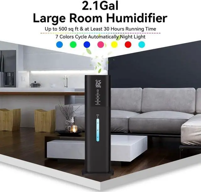 Alt view image 2 of 7 - Large Room Bedroom with 7 Colors Light, 2.1Gal(8L) 3 Speed Quiet Ultrasonic Cool Mist Humidifier with 360° Nozzle, Humidity Setting, Timer,Aroma Box for Home Plant Baby Yoga Sleep (Black)