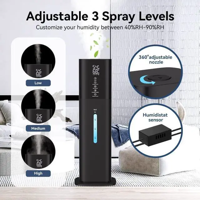 Alt view image 4 of 7 - Large Room Bedroom with 7 Colors Light, 2.1Gal(8L) 3 Speed Quiet Ultrasonic Cool Mist Humidifier with 360° Nozzle, Humidity Setting, Timer,Aroma Box for Home Plant Baby Yoga Sleep (Black)