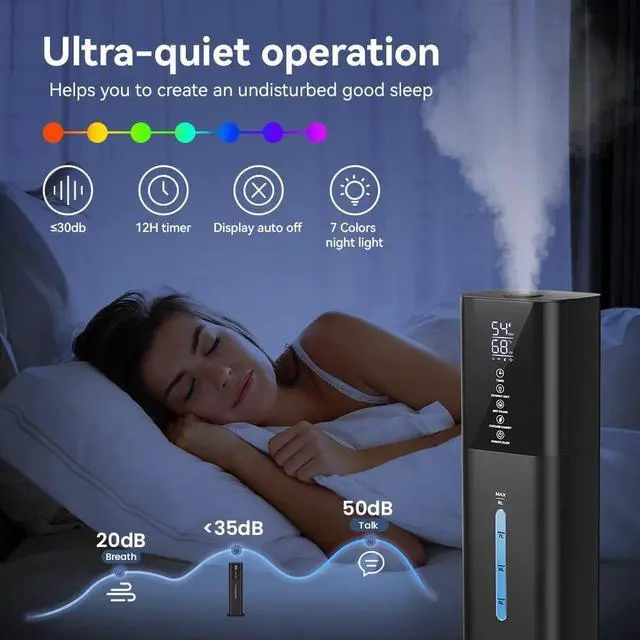 Alt view image 5 of 7 - Large Room Bedroom with 7 Colors Light, 2.1Gal(8L) 3 Speed Quiet Ultrasonic Cool Mist Humidifier with 360° Nozzle, Humidity Setting, Timer,Aroma Box for Home Plant Baby Yoga Sleep (Black)