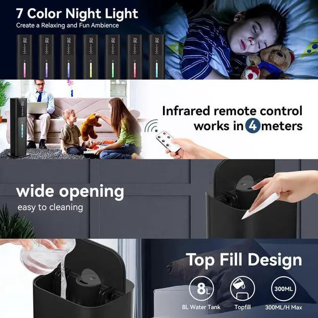 Alt view image 7 of 7 - Large Room Bedroom with 7 Colors Light, 2.1Gal(8L) 3 Speed Quiet Ultrasonic Cool Mist Humidifier with 360° Nozzle, Humidity Setting, Timer,Aroma Box for Home Plant Baby Yoga Sleep (Black)