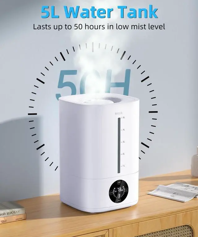 Alt view image 3 of 7 - 5L Humidifiers for Bedroom, 50H Runtime Humidifier for Large Room, Ultra-Quiet 28dB Cool Mist Air Humidifier for Home Baby Nursery & Plants, Auto Shut-off and BPA-Free for Safety, Easy to Clean