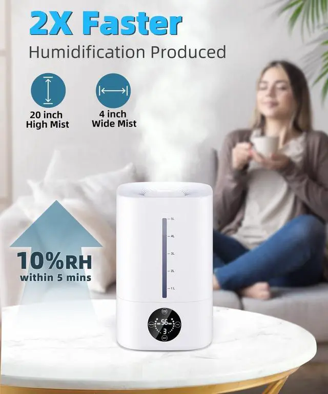 Alt view image 4 of 7 - 5L Humidifiers for Bedroom, 50H Runtime Humidifier for Large Room, Ultra-Quiet 28dB Cool Mist Air Humidifier for Home Baby Nursery & Plants, Auto Shut-off and BPA-Free for Safety, Easy to Clean