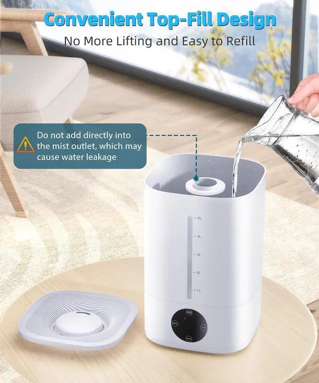 Alt view image 7 of 7 - 5L Humidifiers for Bedroom, 50H Runtime Humidifier for Large Room, Ultra-Quiet 28dB Cool Mist Air Humidifier for Home Baby Nursery & Plants, Auto Shut-off and BPA-Free for Safety, Easy to Clean