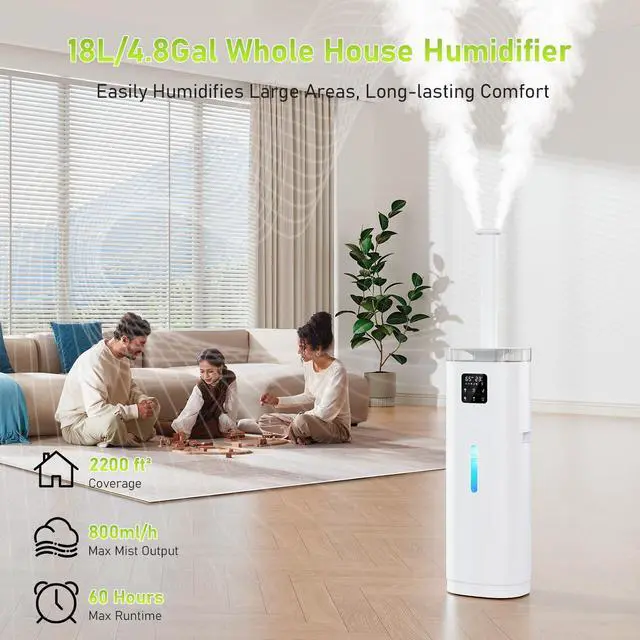 Alt view image 2 of 7 - Humidifier Large Room, 4.8Gal/18L Cool Mist Humidifiers for Whole House 2200 sqft, Quiet Humidifiers for Bedroom with Extension Tube, 800ml/h Mist Output, Remote Control, for Home Office Commercial