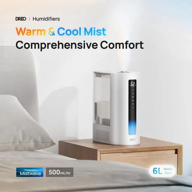 Alt view image 2 of 7 - 6L Humidifier Large Room, Warm & Cool Mist Humidifiers for Bedroom, 60H Runtime, 12H Timer, Top Fill, Oil Diffuser, Humidity Indicator Light, Baby, Plants, Easy Clean, HM713