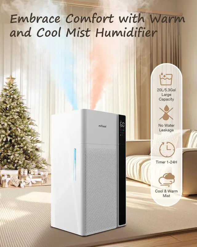 Alt view image 2 of 7 - Warm and Cool Mist Humidifier Large Room, 5.3Gal/20L Whole House Humidifiers for Home, Quickly & Evenly Humidify Larger Areas, Top Fill, Dual Mist Nozzles and Atomizers, Office Plants, White