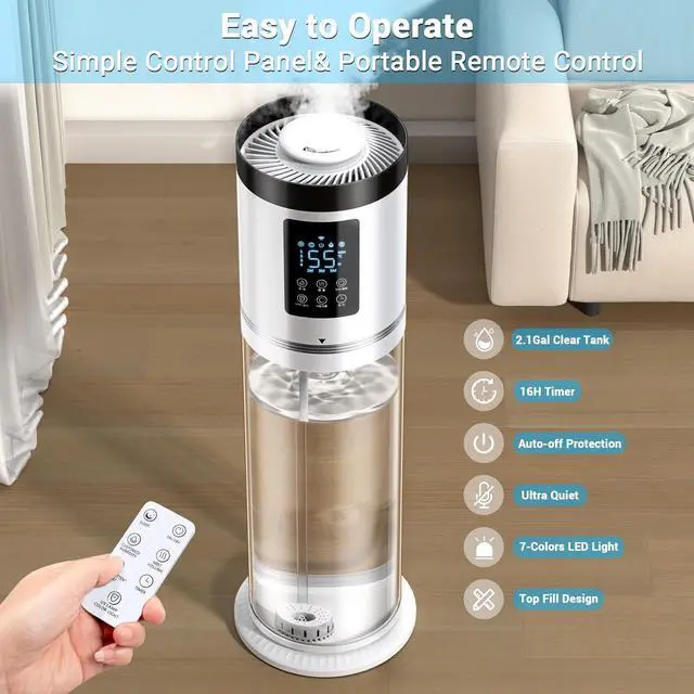 Alt view image 3 of 7 - Humidifiers for Bedroom Large Room with Clear Tank, 7-Color Ambient Light,8L 2.1Gal 36dB Ultrasonic Cool Mist Humidifiers with Humidistat, Essential Oil Tray for Home Bedroom Office