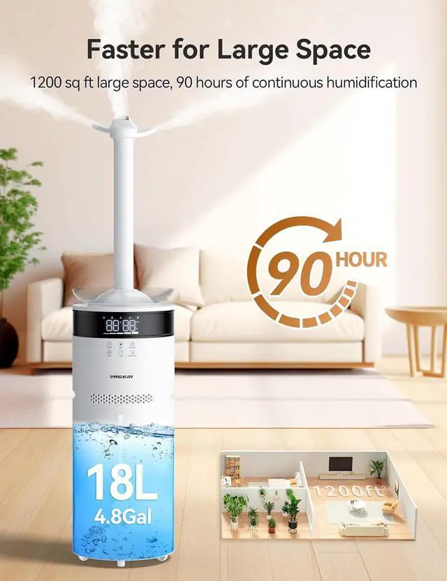 Alt view image 2 of 7 - Humidifiers for Large Room, 18L Ultrasonic Cool Mist Humidifier for Home 2000 sq ft, 5 Mist Levels, Auto Mode, Whole House Humidifiers with 2 Extended Tube Quiet Humidifiers for Baby Home Plant