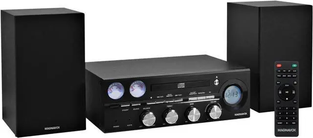 Main image of MM451 3-Piece Tray Loading CD Shelf System with Digital PLL FM Stereo Radio, Bluetooth Wireless Technology, and Remote Control in Black | LCD Display | AUX Port Compatible |