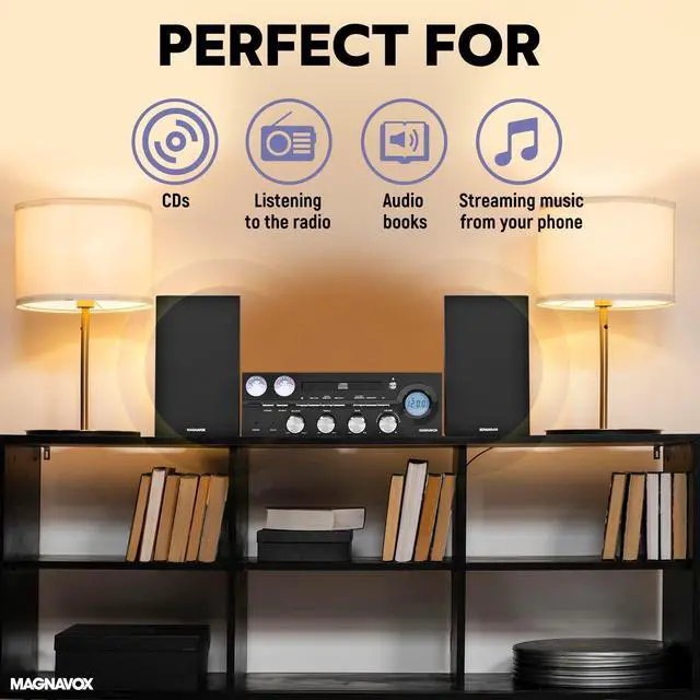 Alt view image 4 of 7 - MM451 3-Piece Tray Loading CD Shelf System with Digital PLL FM Stereo Radio, Bluetooth Wireless Technology, and Remote Control in Black | LCD Display | AUX Port Compatible |