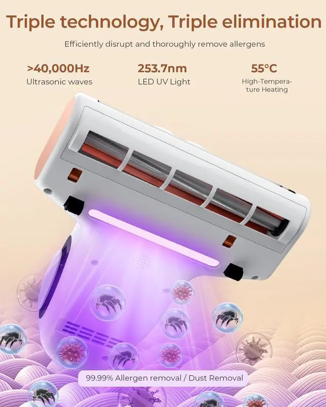 Alt view image 5 of 6 - Bed Vacuum Cleaner with Dust Sensor, Mattress Vacuum Cleaner with UV & Ultrasonic and High Heating, 13Kpa Suction 500W Powerful Double-Cup Handheld Vacuums (J300, Corded)