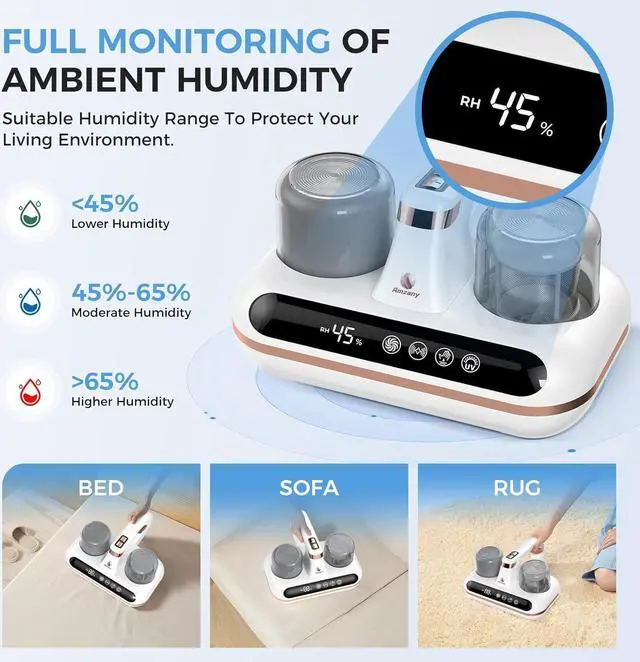 Alt view image 4 of 7 - Bed Vacuum Cleaner - 5-in-1 Cordless Mattress Vacuum Cleaner, Powered by UV-C Light & Ultrasonic Technology, 16Kpa Strong Suction,Low Noise,Suitable for Dust, Pet Hair, Etc.