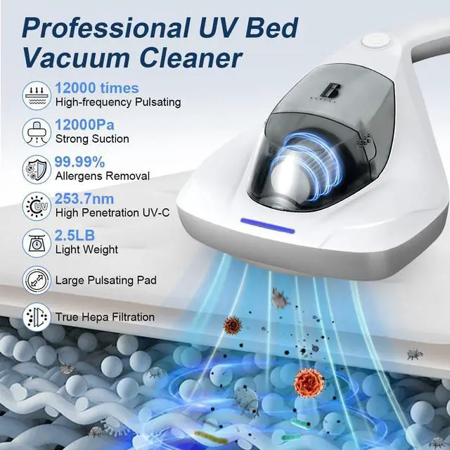 Alt view image 2 of 7 - Mattress Vacuum Cleaner, Anti-allergen Bed Vacuum Cleaner with UV-C Light & Large Pulsating Pad, Powerful Suction & True Hepa Filter for Dust, Pet Hair, UV Bed Vacuum Corded, AP002